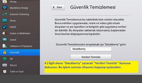 Playbook Fabrika Ayarlarına Döndürme