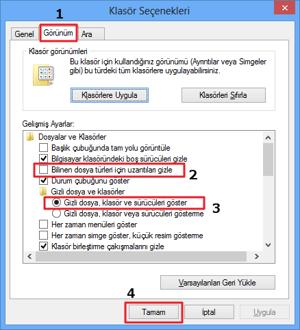 Windows 8 Dosya Uzantılarını ve Gizli Dosyaları Görmek