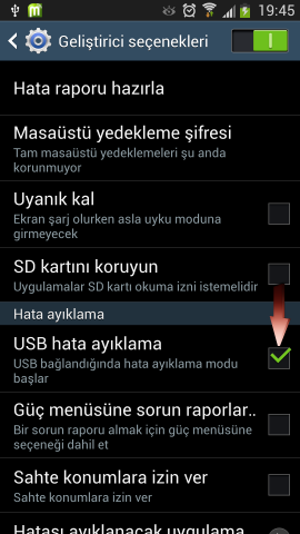 Samsung i9500 Galaxy S4 USB Hata Ayıklamayı Açmak