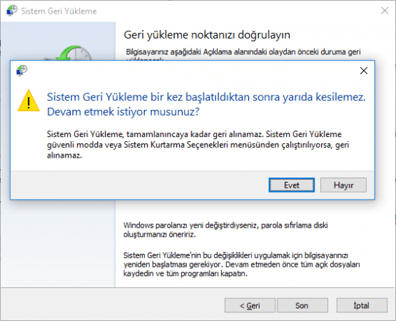Windows 10 Sistem Geri Yükleme Makalesi için hazırlanmış Görseller Onay Mesajı