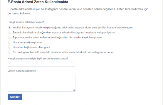 instagram E-Posta Adresi Zaten Kullanılmakta, instagram müşteri hizmetleri, instagram e posta sorunu,