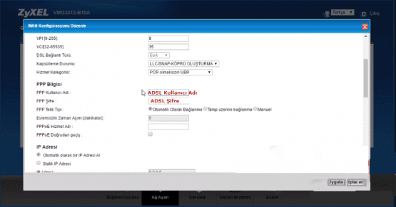 ZyXEL VMG3312-B10B Modem Kurulumu için Hazırlanmış Görseller. ADSl bilgi girişi.