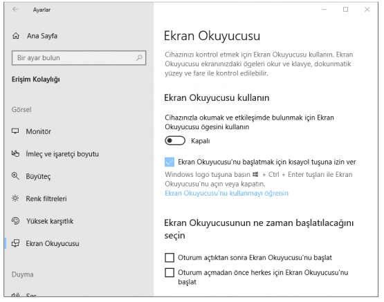 windows 10 ekran okuyucusu, windows 10 ekran okuyucusu nasıl kapatılır, windows 10 ekran okuyucusu kapatma,