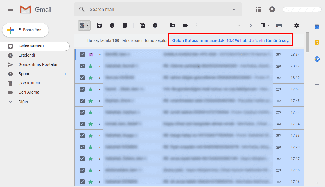 gmail bütün mailleri silme