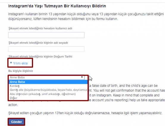 instagram yaşı tutmayan bir çocuğu şikayet etme