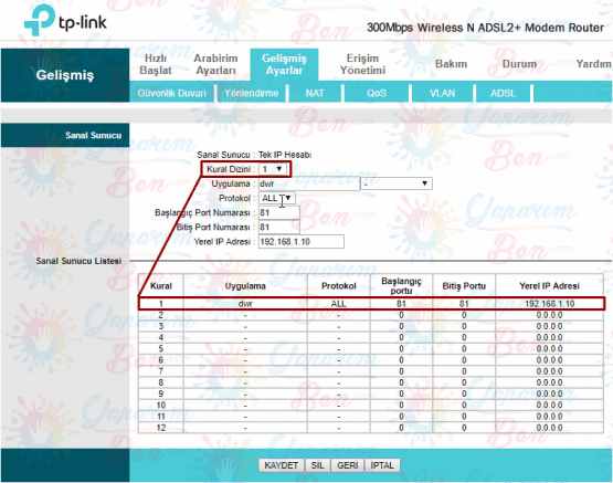 TP Link W8961n Port Açma