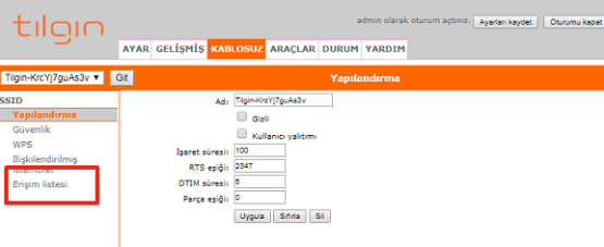 Tılgın Modem Mac Filtreleme
