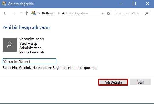 Windows 10 Kullanıcı Adı Değiştirme