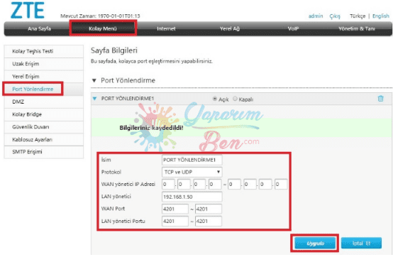 ZTE ZXHN H298A Port Yönlendirme