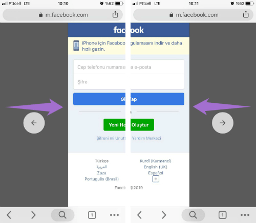 iPhone için Chrome Sekme Geri ve İleri Alma Hareketi