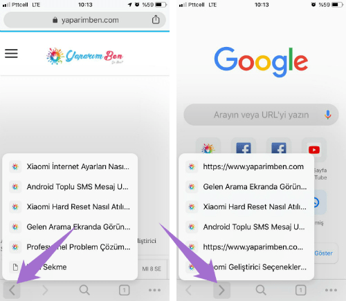 iPhone için Chrome Sekme Geçmişi Hareketi
