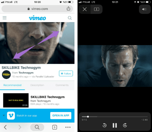 iPhone için Chrome Videoları Tam Ekran Yapma Hareketi