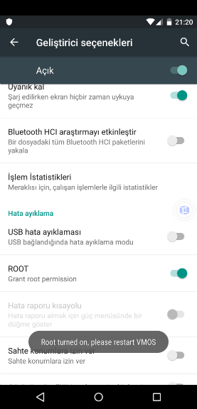 Android Sanal Makine Geliştirici Seçenekleri