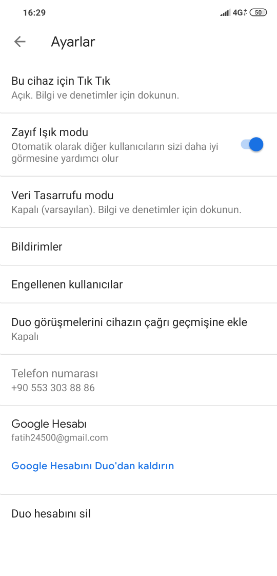 Google Duo Seçenekler